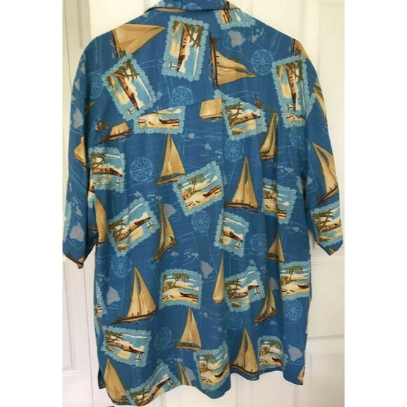100% Silk Bermuda Bay Blue Sailboat Beach Tropical Men's Button-Up Shirt L - Picture 2 of 4